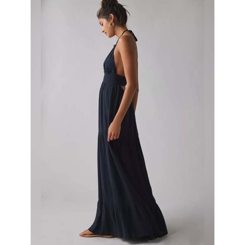 New Kimchi Blue Phoebe Open Back Halter Tiered Maxi Dress Rayon Black Sz S NWOT - Picture 4 of 10